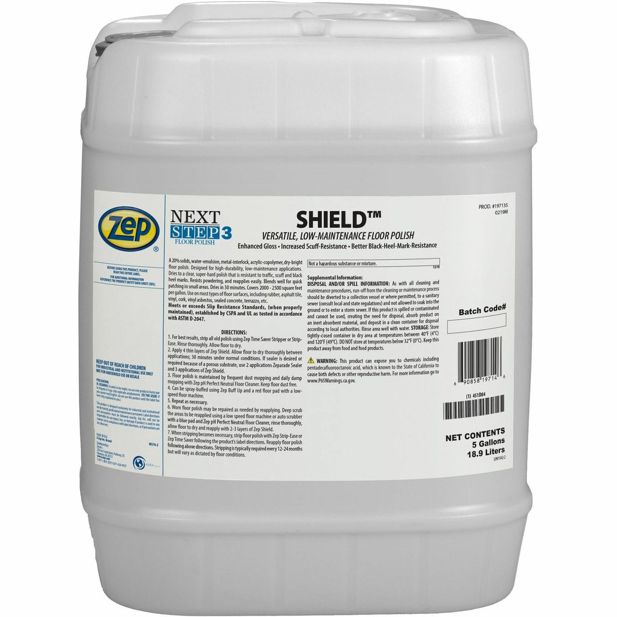Zep Commercial SHIELD Floor Polish - For Floor, Multipurpose - 640 fl oz (20 quart) - Water Based, Durable, Scuff Resistant, Black Mark Resistant, Slip Resistant - Milky White - 1 Each