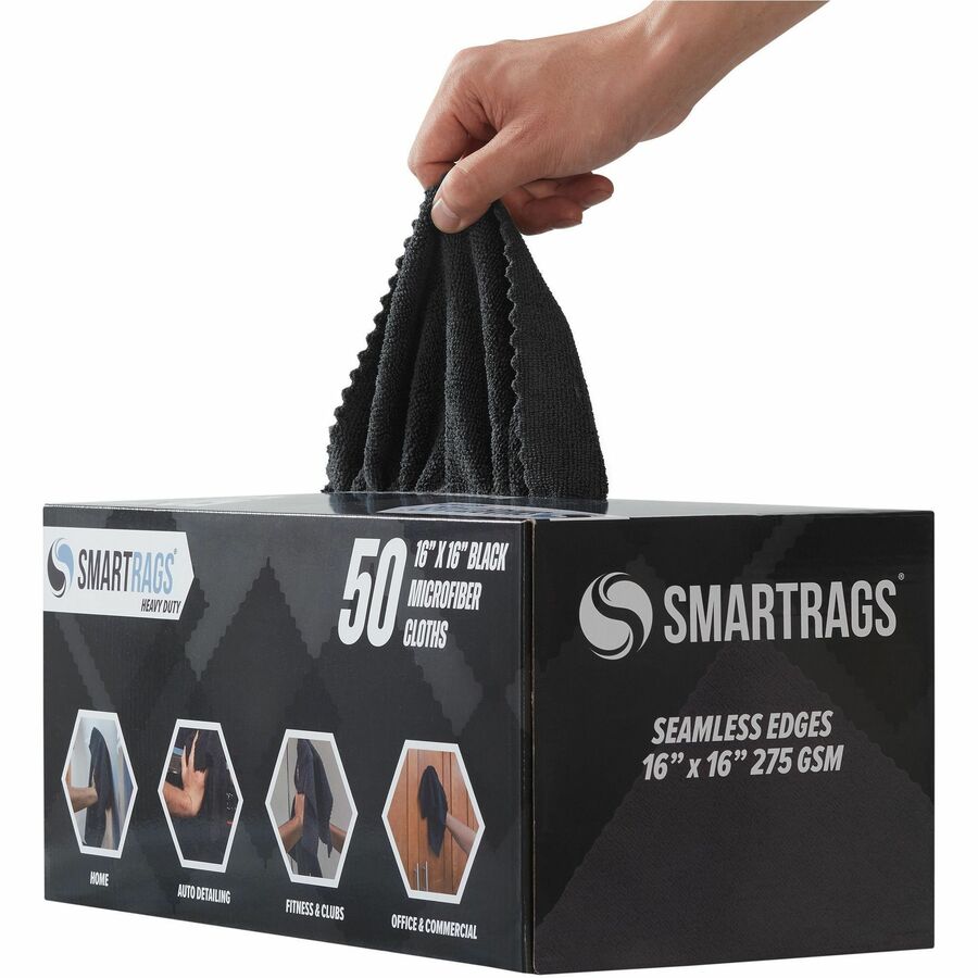 Monarch Smart Rags Microfiber Cloths, 16" x 16", 50 / Box - Heavy Duty, Reusable, Streak-free, Lint-free, Dirt Resistant, Grime Resistant - Black