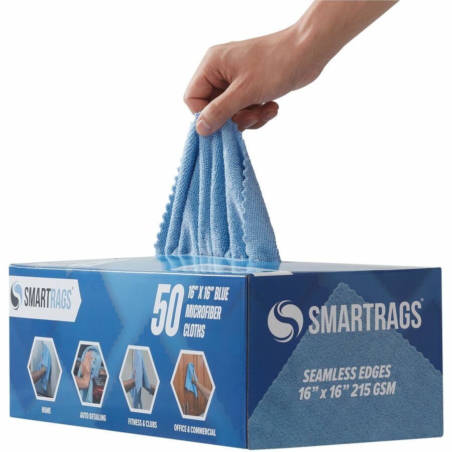 Monarch Smart Rags Microfiber Cloths, 16" x 16", 50 / Box - Reusable, Streak-free, Lint-free, Dirt Resistant, Grime Resistant - Blue