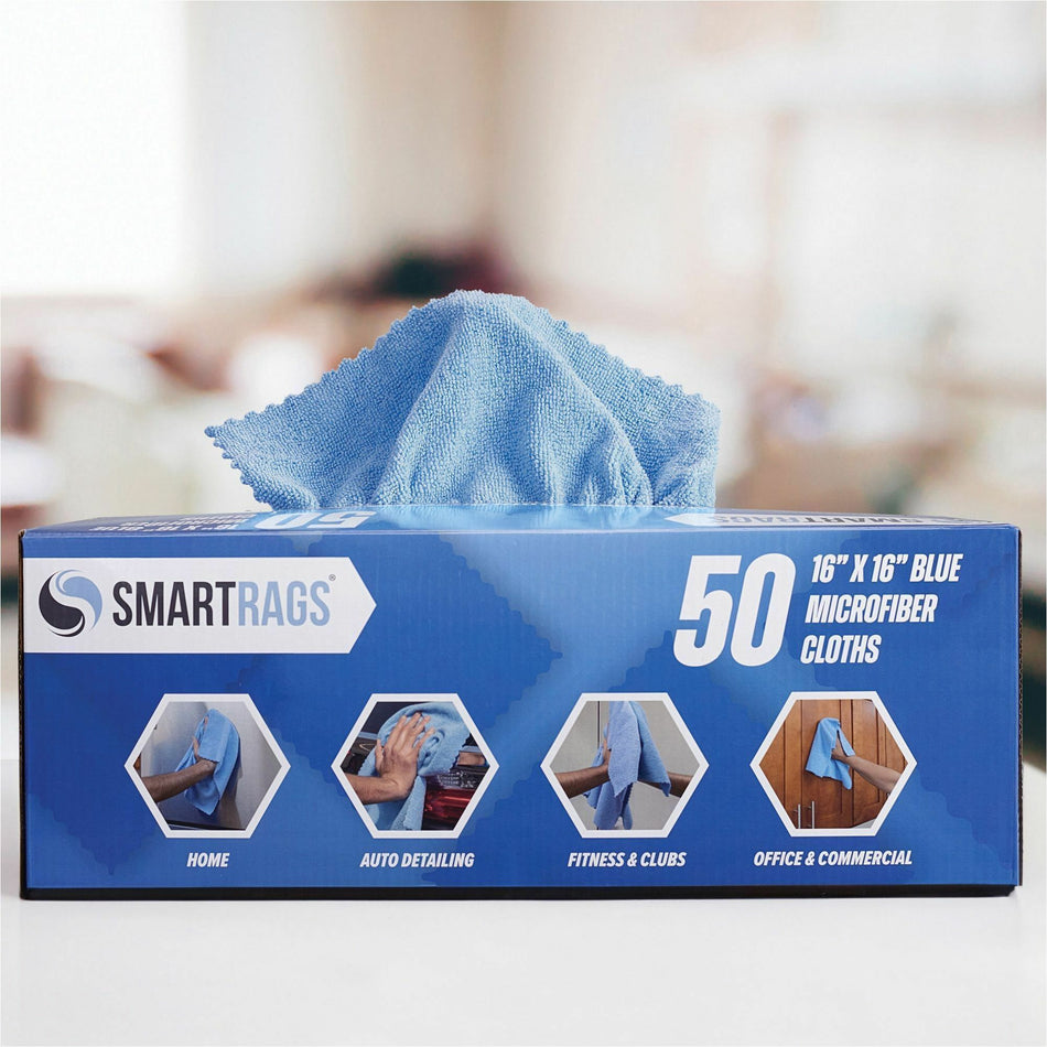 Monarch Smart Rags Microfiber Cloths, 16" x 16", 50 / Box - Reusable, Streak-free, Lint-free, Dirt Resistant, Grime Resistant - Blue