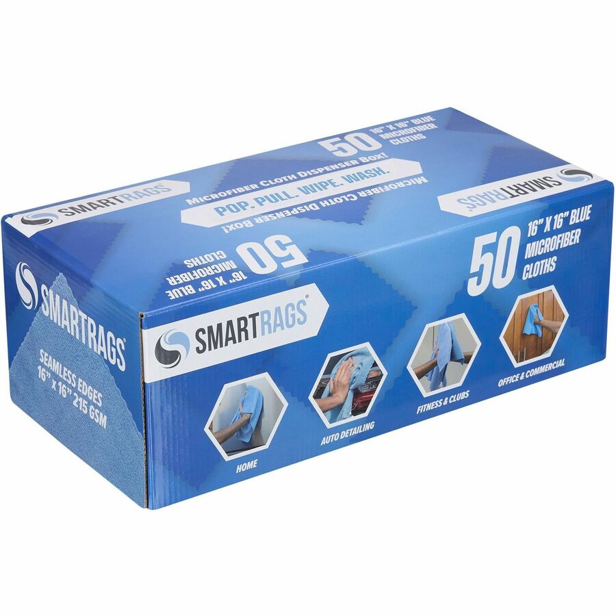 Monarch Smart Rags Microfiber Cloths, 16" x 16", 50 / Box - Reusable, Streak-free, Lint-free, Dirt Resistant, Grime Resistant - Blue