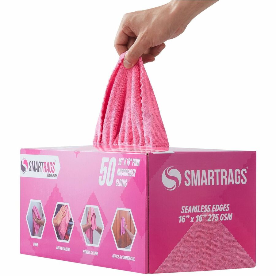 Monarch Smart Rags Microfiber Cloths, 16" x 16", 50 / Box - Heavy Duty, Reusable, Streak-free, Lint-free, Dirt Resistant, Grime Resistant - Pink