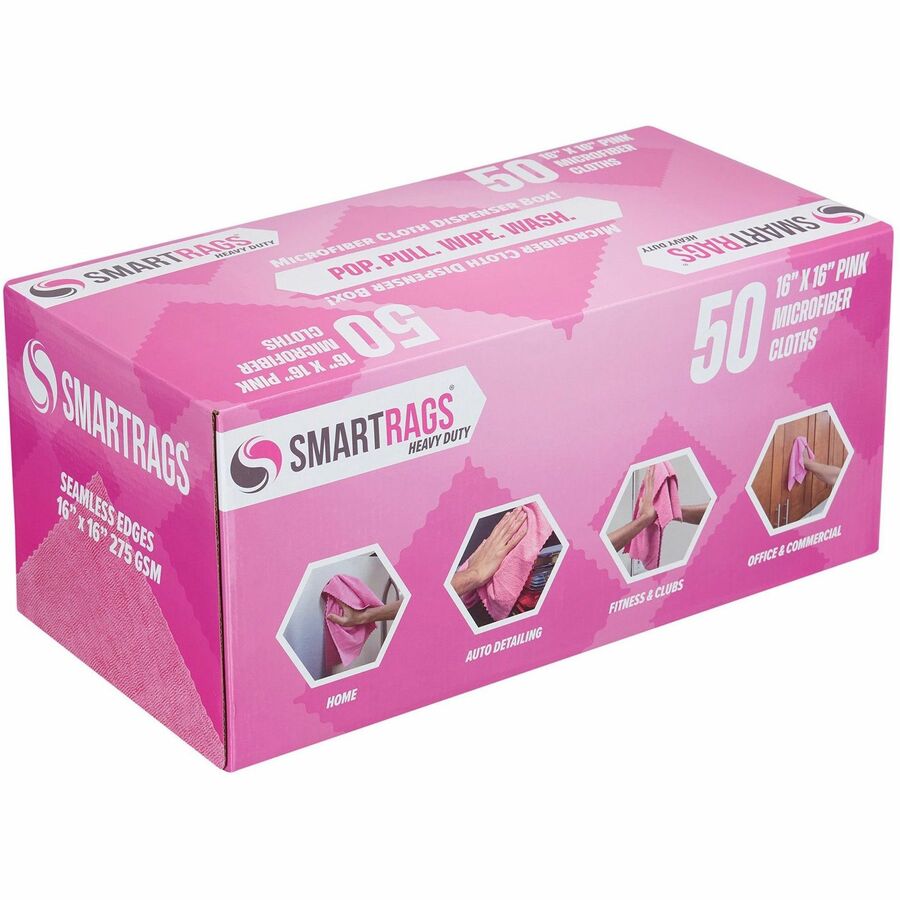 Monarch Smart Rags Microfiber Cloths, 16" x 16", 50 / Box - Heavy Duty, Reusable, Streak-free, Lint-free, Dirt Resistant, Grime Resistant - Pink