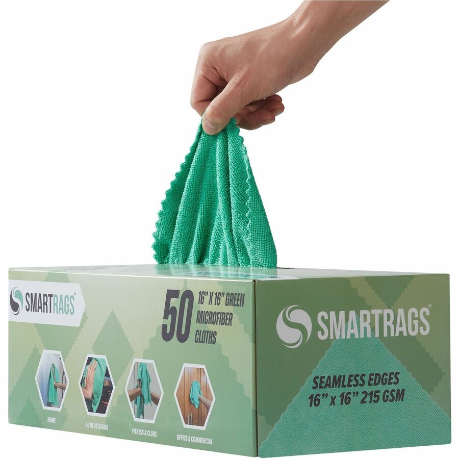 Monarch Smart Rags Microfiber Cloths, 16" x 16", 50 / Box - Reusable, Streak-free, Lint-free, Dirt Resistant, Grime Resistant - Green