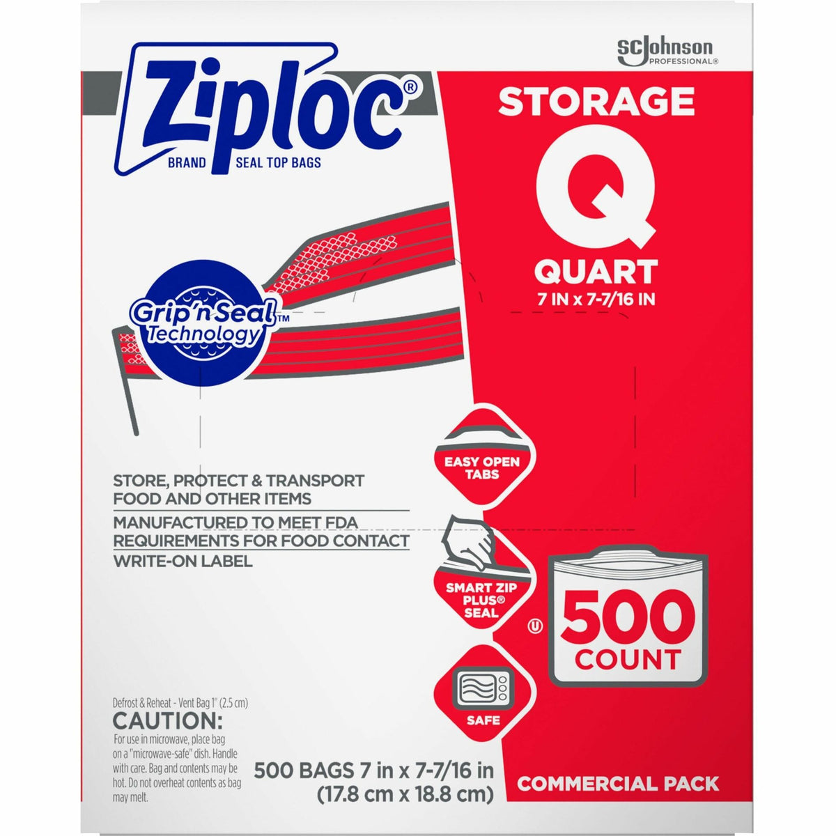 Ziploc® Quart Storage Bags - Medium Size - 1 quart Capacity - 7" Width x 1.75 mil (44 Micron) Thickness - Zipper Closure - Textured - Clear - Plastic - Multipurpose - 500 / Carton