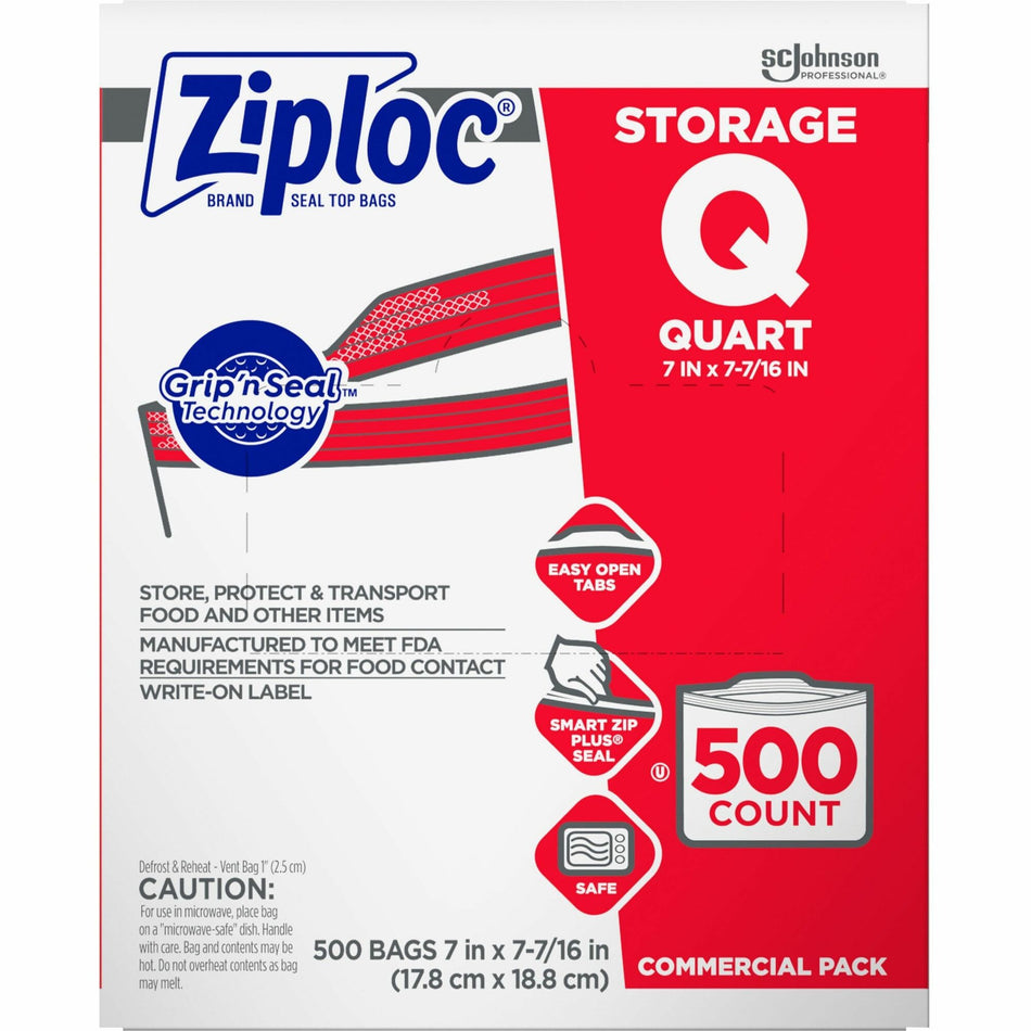 Ziploc® Quart Storage Bags - Medium Size - 1 quart Capacity - 7" Width x 1.75 mil (44 Micron) Thickness - Zipper Closure - Textured - Clear - Plastic - Multipurpose - 500 / Carton