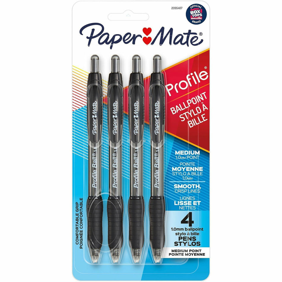 Paper Mate Profile Retractable Ballpoint Pens - 1 mm Medium Pen Point - Retractable - Black Ink - 4 / Pack