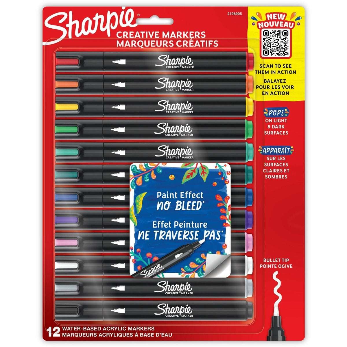 Sharpie Creative Markers, Water-Based Acrylic Markers, Bullet Tip - Bullet Marker Point - Assorted Ink - Water Based - Black Barrel - 12 / Pack