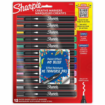 Sharpie Creative Markers, Water-Based Acrylic Markers, Bullet Tip - Bullet Marker Point - Assorted Ink - Water Based - Black Barrel - 12 / Pack