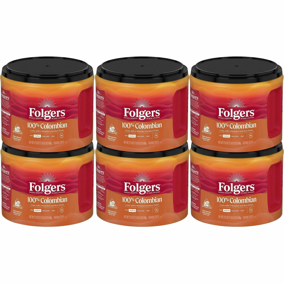 Folgers® Ground 100% Colombian Coffee - Medium - 22.6 oz Per Canister - Ground - Colombian, Arabica - 6 / Carton