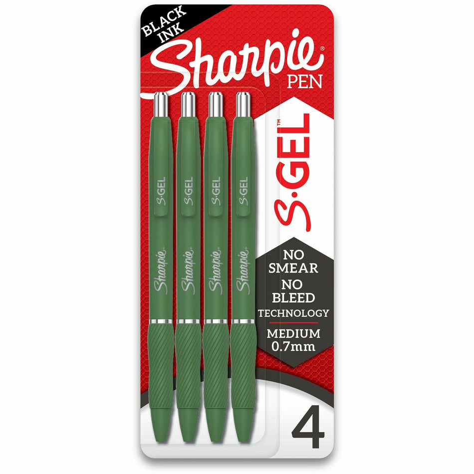 Sharpie S-Gel, Fashion Barrel, Medium Point (0.7mm) - 0.7 mm Medium, Bold Pen Point - Retractable - Black Ink - Gel-based - Forest Green Plastic Barrel - 4 / Pack