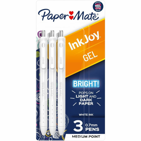 Paper Mate Inkjoy Gel Bright! Pens, Medium Point (0.7mm) - 0.7 mm Medium Pen Point - Retractable - White Ink - Gel-based - 3 / Pack