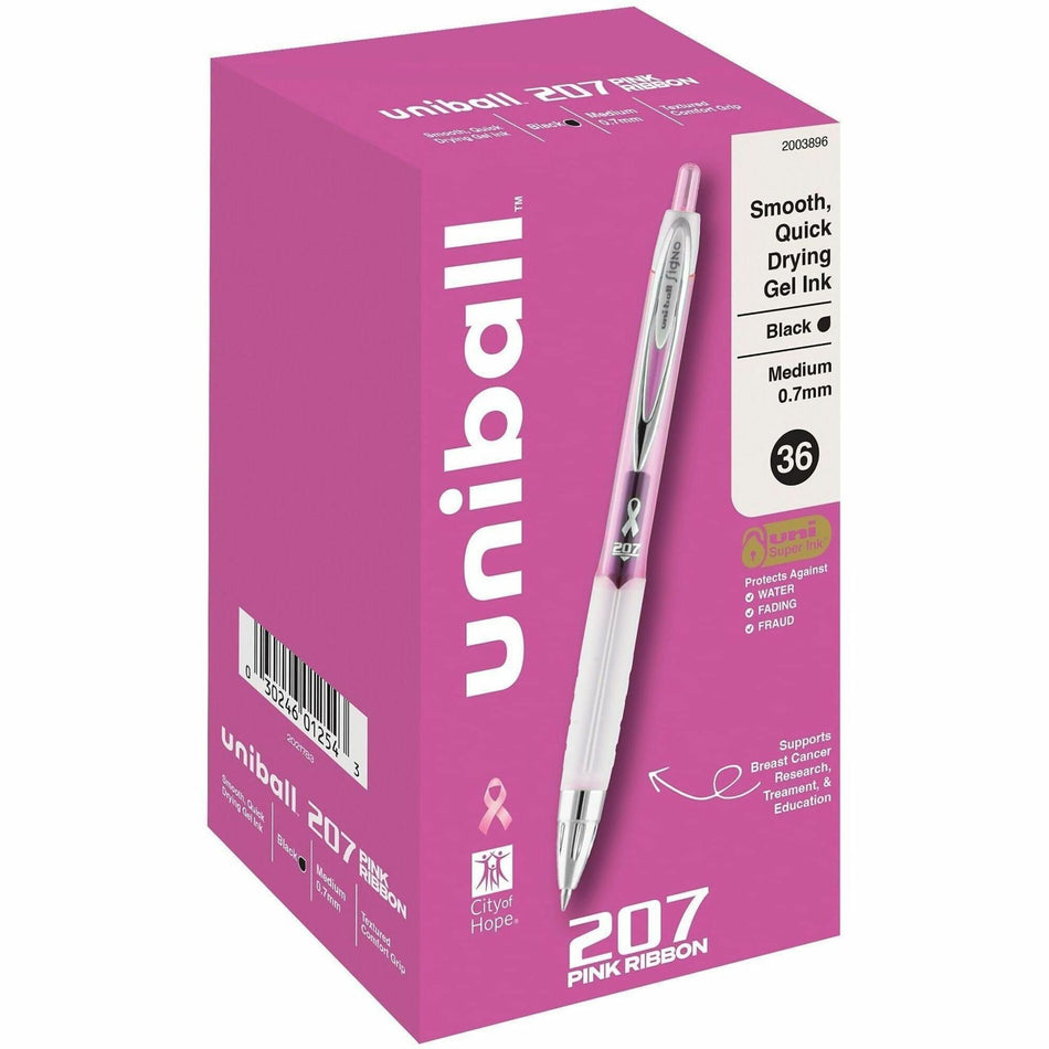 uniball&#8482; 207 Gel Pens - 0.7 mm Medium Pen Point - Retractable - Black Ink - Pigment-based, Gel-based - Pink Barrel - 36 / Box
