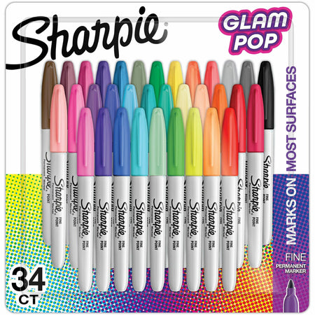 Sharpie Glam Pop Permanent Markers - Fine Marker Point - Assorted Ink - 34 / Pack
