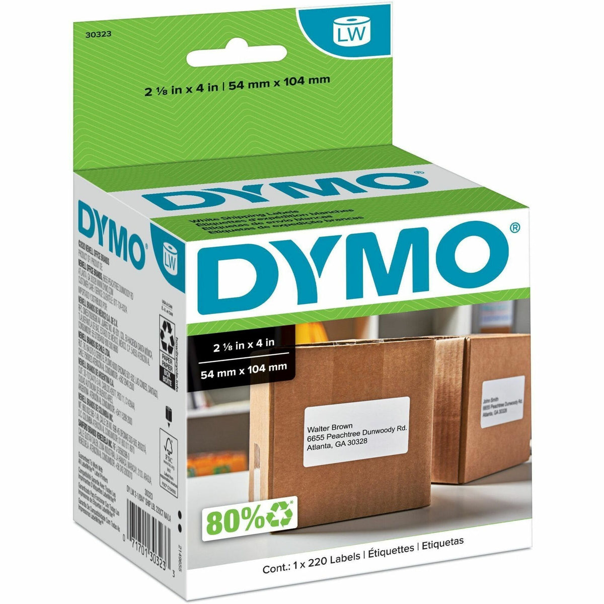 Dymo LW Shipping Labels - x 2 1/8" Width x 4" Length - Roll - Direct Thermal - White - Peel & Stick, Strong, Self-adhesive, Jam-free - 220 / Roll - 10 / Carton