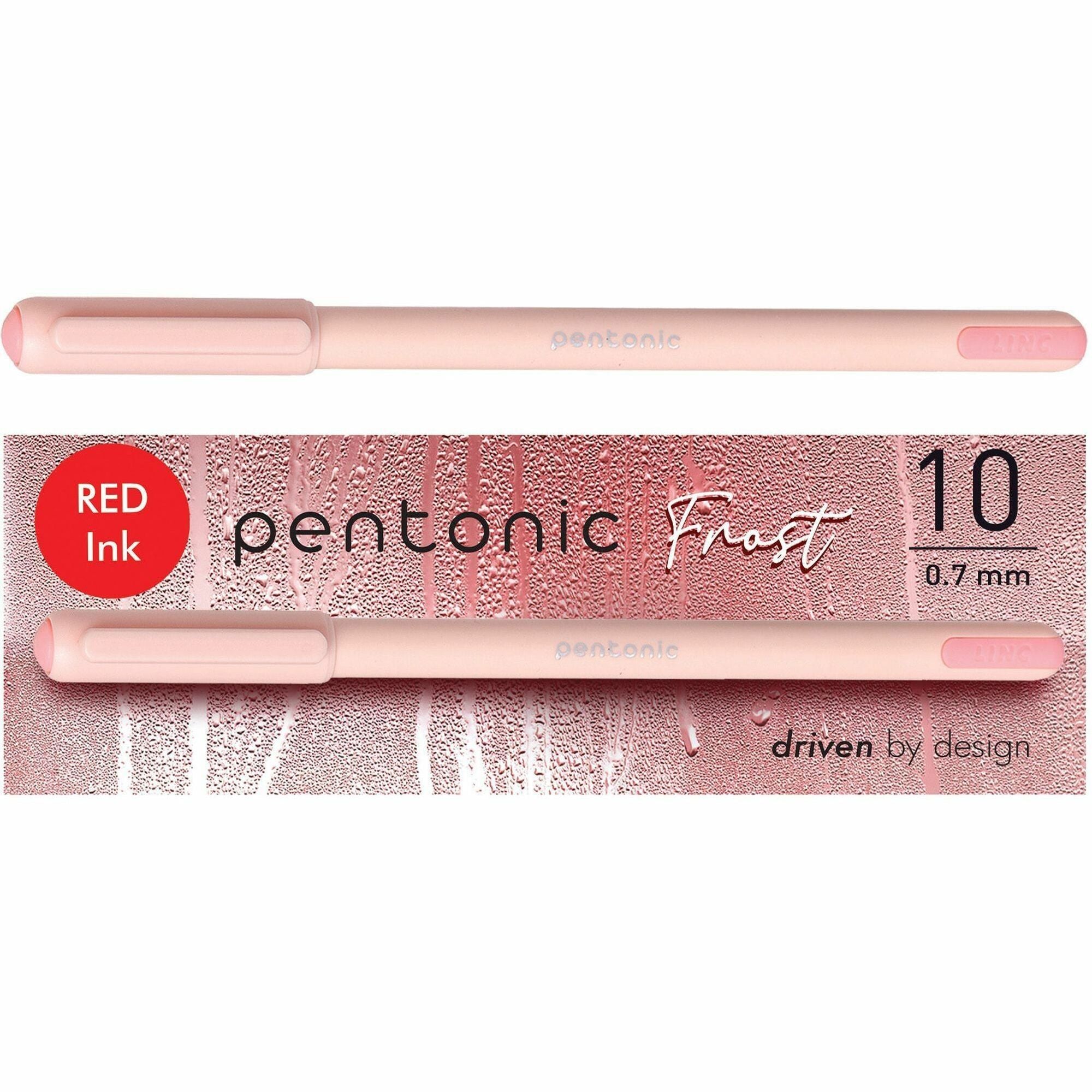 Pentonic Frosted Barrel Ballpoint Pens - 0.7 mm Fine Pen Point - Red Ink - Frost, Pink Barrel - 10 / Box