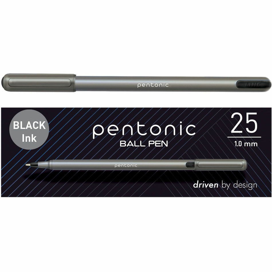 Pentonic Ballpoint Pen Set - 1 mm Pen Point - Black Ink - Nickel Silver Tip - 25 / Box