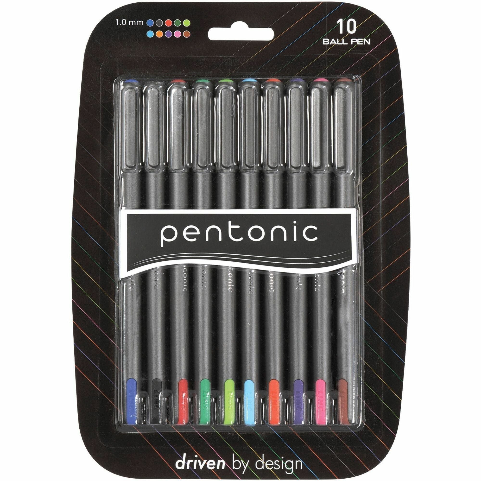 Pentonic Ballpoint Pen Set - 1 mm Pen Point - Assorted Ink - Nickel Silver Tip - 10 / Pack