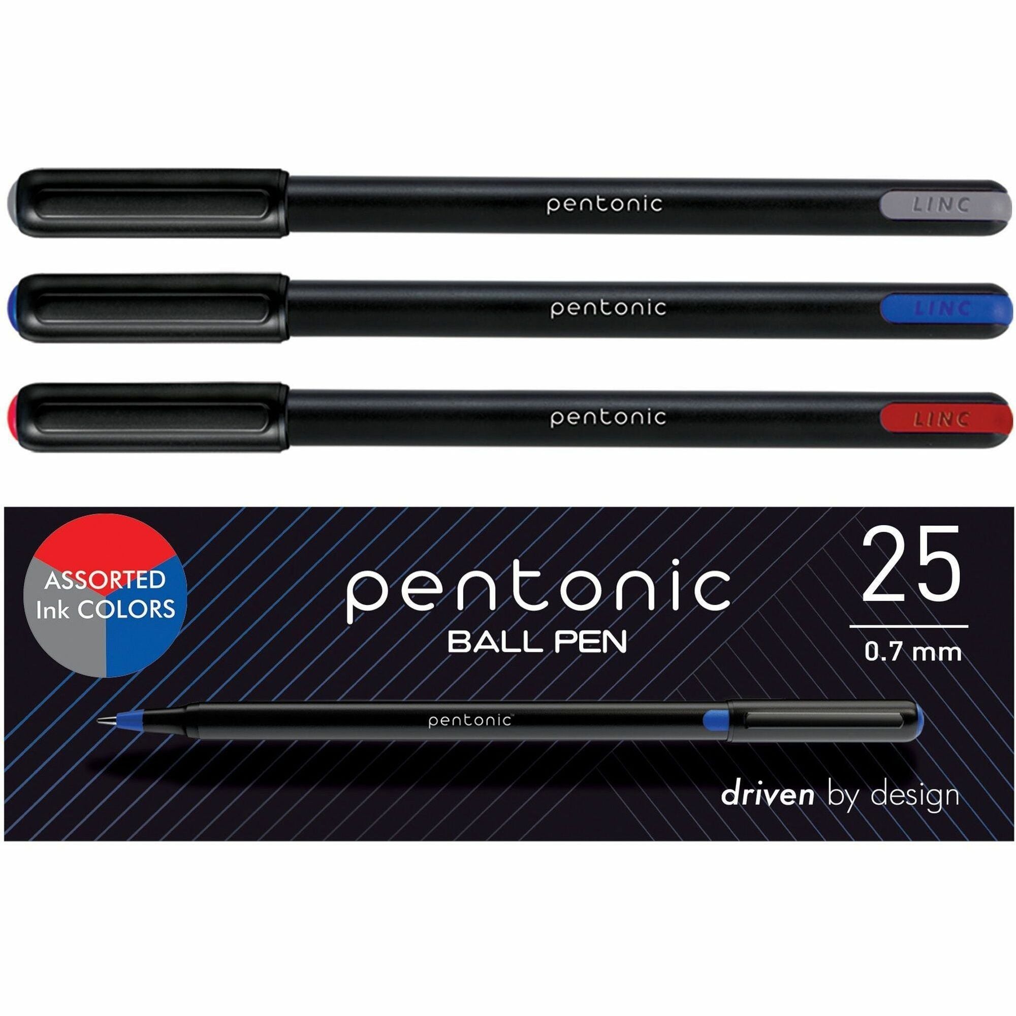 Pentonic Ballpoint Pen Set - 0.7 mm Pen Point - Assorted Ink - Nickel Silver Tip - 25 / Box