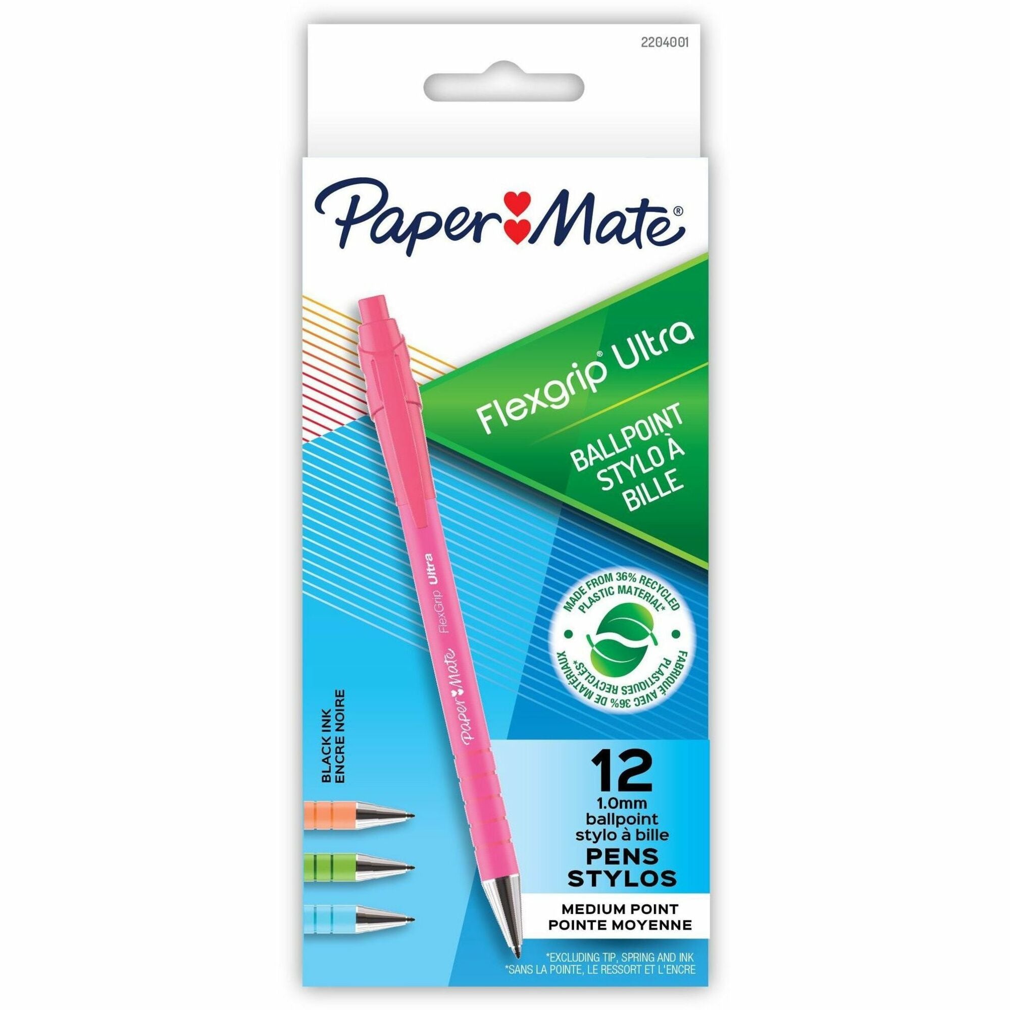 Paper Mate Flexgrip Ultra Recycled Pens - 1mm Retractable Medium Point - Assorted Colors - 12/Box