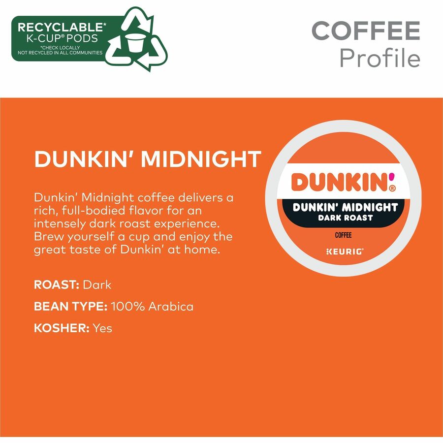 Dunkin'® K-Cup Midnight Coffee - Compatible with Keurig Brewer - Dark - K-Cup - Dunkin' Midnight - Kosher - 22 / Box