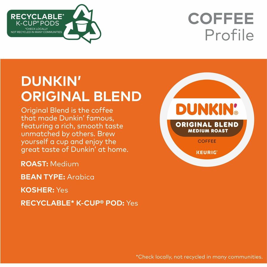 Dunkin'® K-Cup Original Blend Coffee - Compatible with Keurig Brewer - Medium - K-Cup - Original - Kosher - 22 / Box
