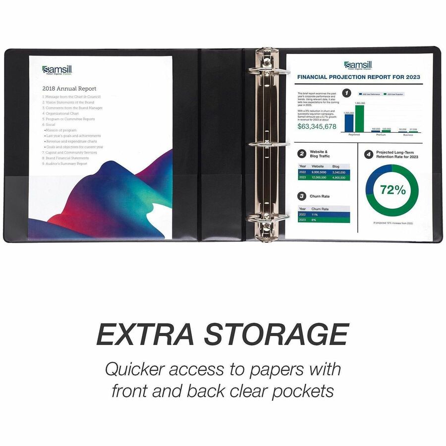 Samsill Ring Binder - Letter - 8 1/2" x 11" Sheet Size - 3 x 2" Ring(s) - Fastener(s): D-Ring - Pocket(s): 2, Internal - Black - Durable, Clear Overlay, Non-stick, Transfer Safe, Copy Safe, Wear Resistant, Tear Resistant - 4 Pack