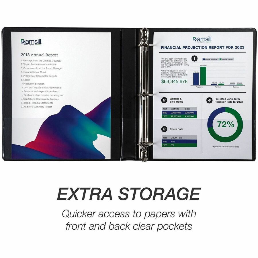 Samsill Ring Binder - Letter - 8 1/2" x 11" Sheet Size - 3 x 1" Ring(s) - Fastener(s): D-Ring - Pocket(s): 2, Internal - Black - Durable, Clear Overlay, Non-stick, Transfer Safe, Copy Safe, Wear Resistant, Tear Resistant - 4 Pack