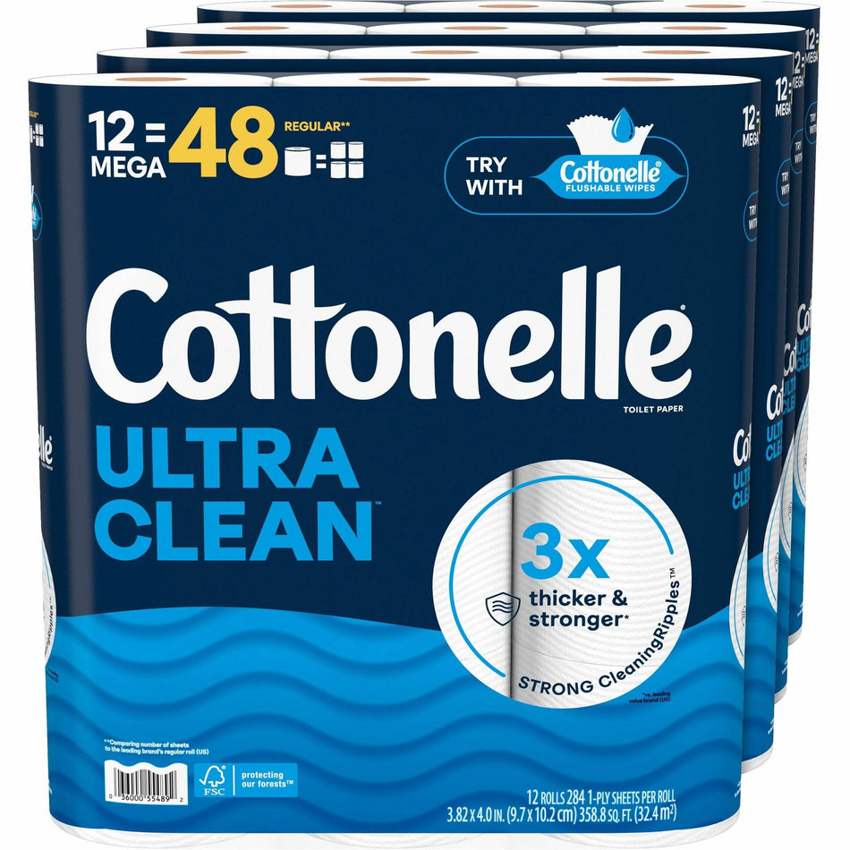 Cottonelle Ultra Clean Toilet Paper - 1 Ply - 248 Sheets/Roll - White - Paper, FiberPack - 12/Pack - 4 / Carton