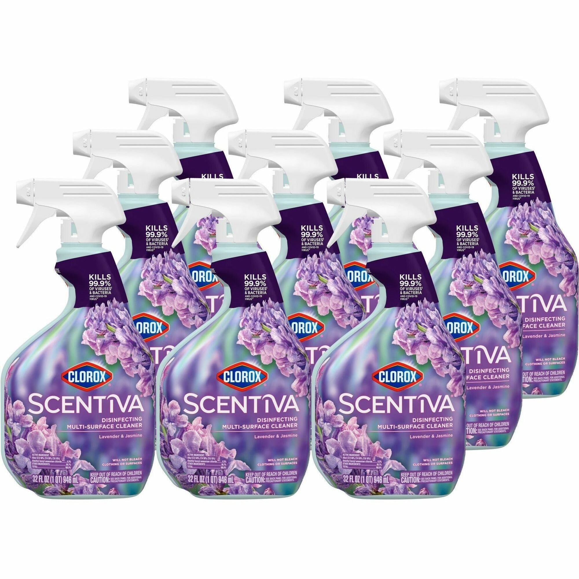 Clorox Scentiva Multi-Surface Cleaner - For Multi Surface, Multipurpose - Spray - 32 fl oz (1 quart) - Lavender & Jasmine Scent - Disinfectant, Bleach-free, Long Lasting, Deodorize, Freshen - Lavender - 9 / Carton