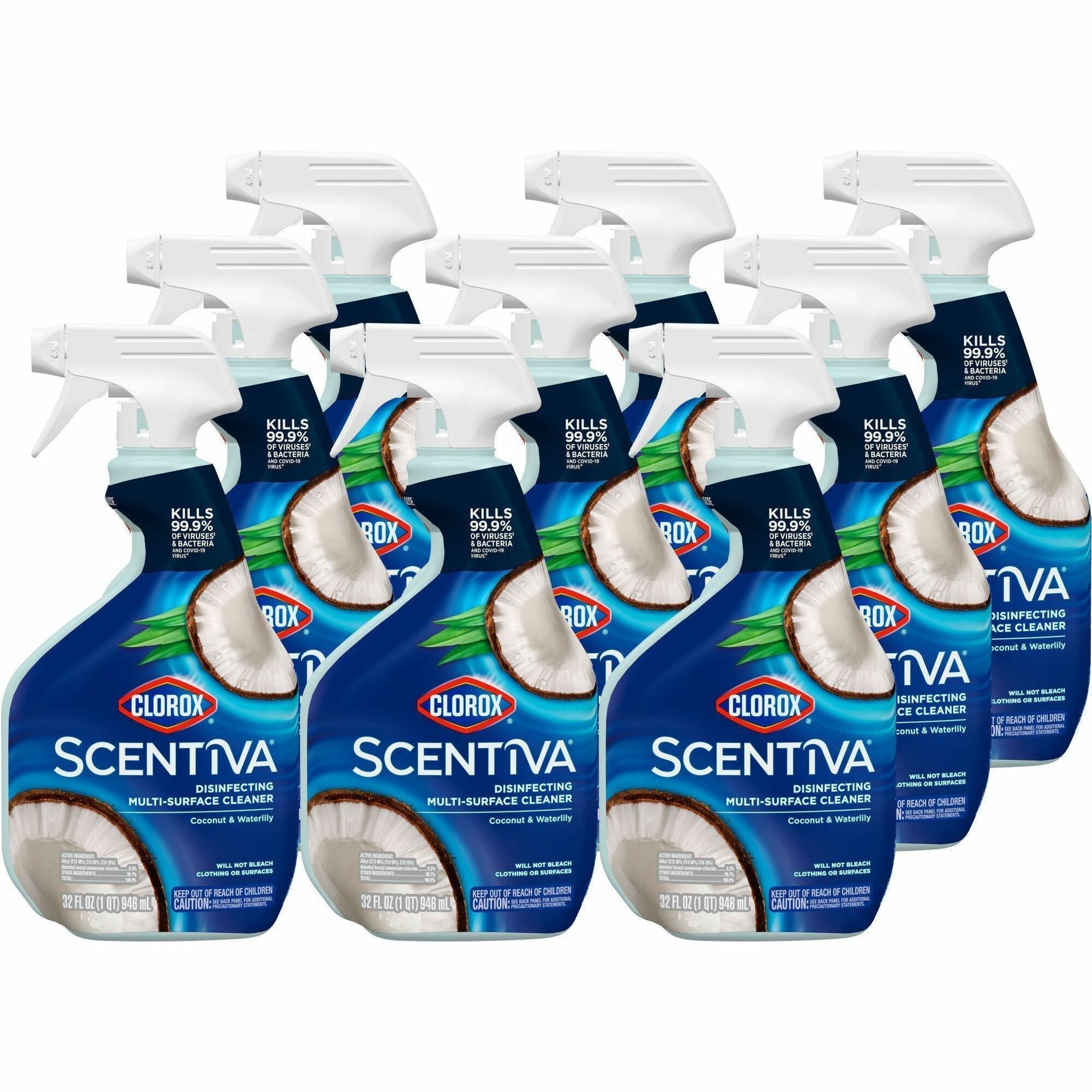 Clorox Scentiva Multi-Surface Cleaner - For Multi Surface, Multipurpose - Spray - 32 fl oz (1 quart) - Coconut & Water Lily Scent - Disinfectant, Bleach-free, Long Lasting, Deodorize, Freshen - Blue - 9 / Carton
