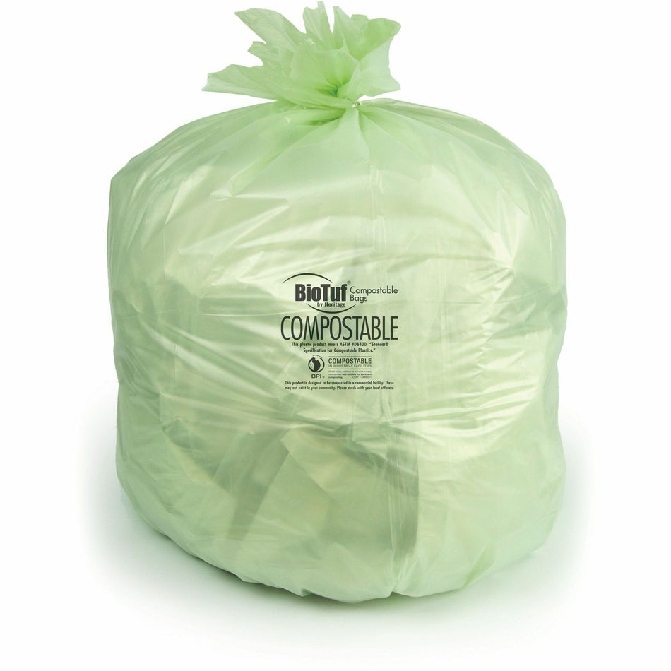 Heritage BioTuf Trash Bag - 13 gal Capacity - 24" Width x 32" Depth x 0.88 mil (22 Micron) Thickness - High Density - Green - Bioplast - Can, Food Waste, Industrial - 200 / Carton