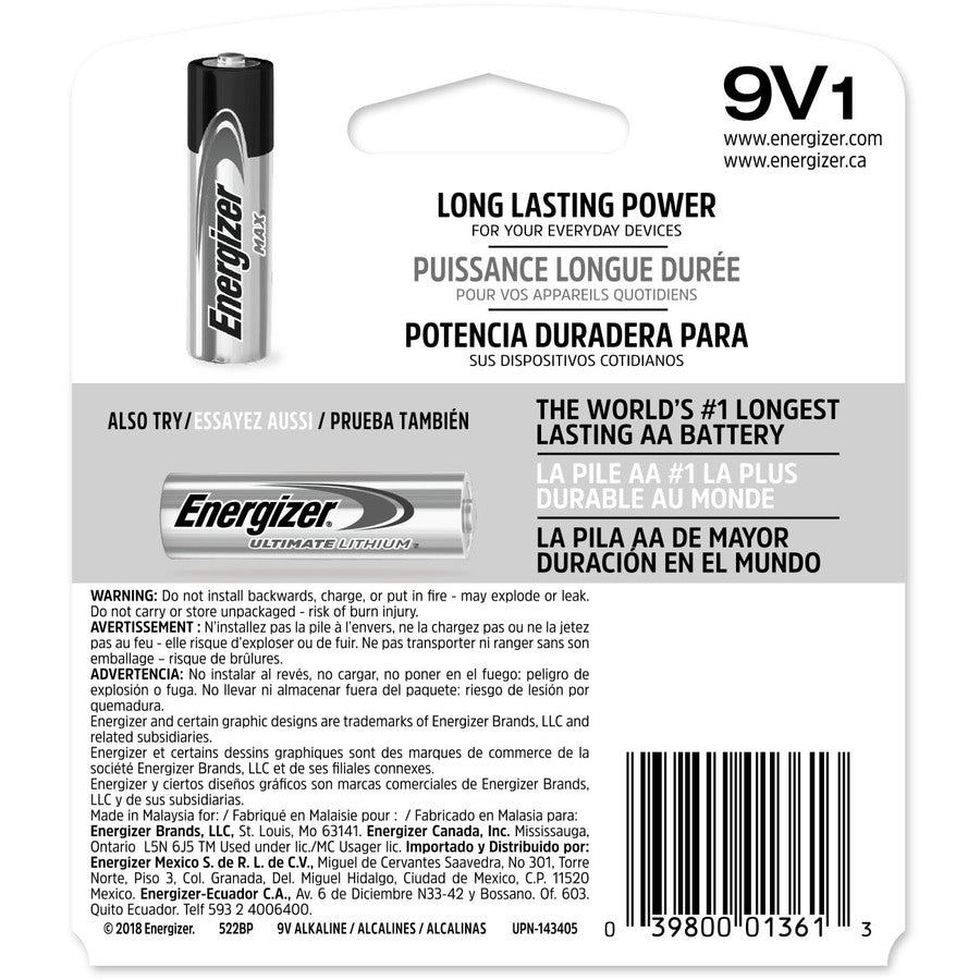 Energizer MAX Alkaline 9 Volt Batteries - For Multipurpose - 9V - 595 mAh - 9 V DC - 1 / Pack