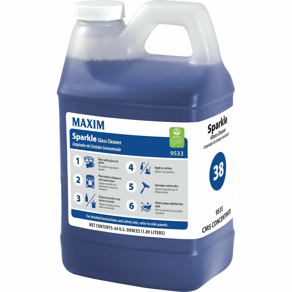 Maxim Sparkle Glass Cleaner - For Window, Metal, Plastic, Fiberglass, Hard Surface, Glass, Mirror, Chrome - Concentrate - Liquid - 64 fl oz (2 quart) - 4 / Carton - Streak-free, Versatile, Quick Drying, Eco-friendly, Ammonia-free - Blue