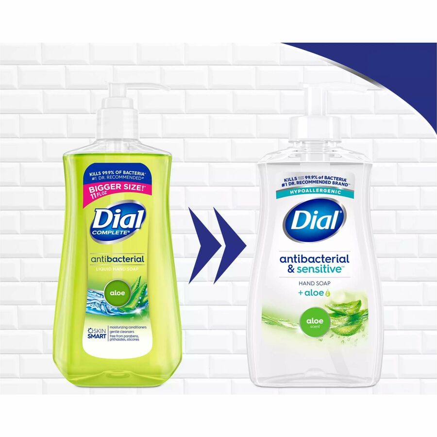 Dial Sensitive Skin Antibacterial Soap - Fresh, Aloe Scent - 11 fl oz - Pump Dispenser - Bacteria Remover - Hand, Skin - Antibacterial - Green - Recycled - Cruelty-free, Paraben-free, Phthalate-free, Silicone-free, pH Balanced, Sulfate-free - 1 Each