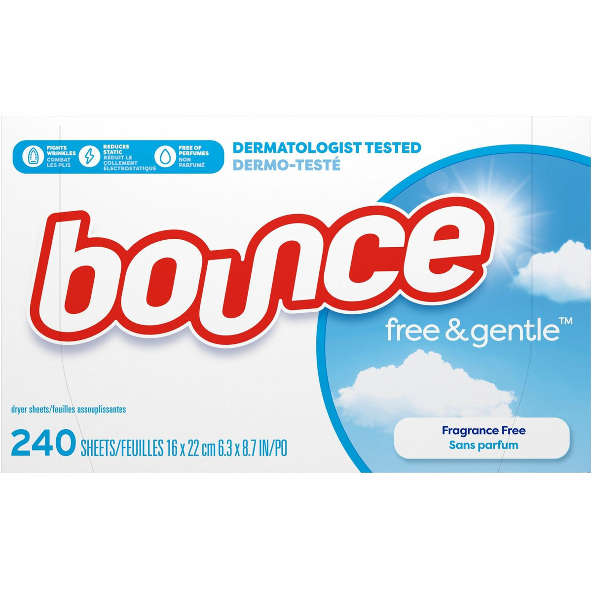 Bounce Free & Gentle Dryer Sheets - For Clothes, Fabric - Sheet - 9" Length x 6.40" Width - Dye-free, Scent-free, Hypoallergenic, Fragrance-free, Soft - White - 240/Box - 4 / Carton