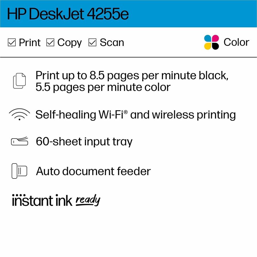 HP Deskjet 4255e Wireless Inkjet Multifunction Printer - Color - White - Alternate-Image6