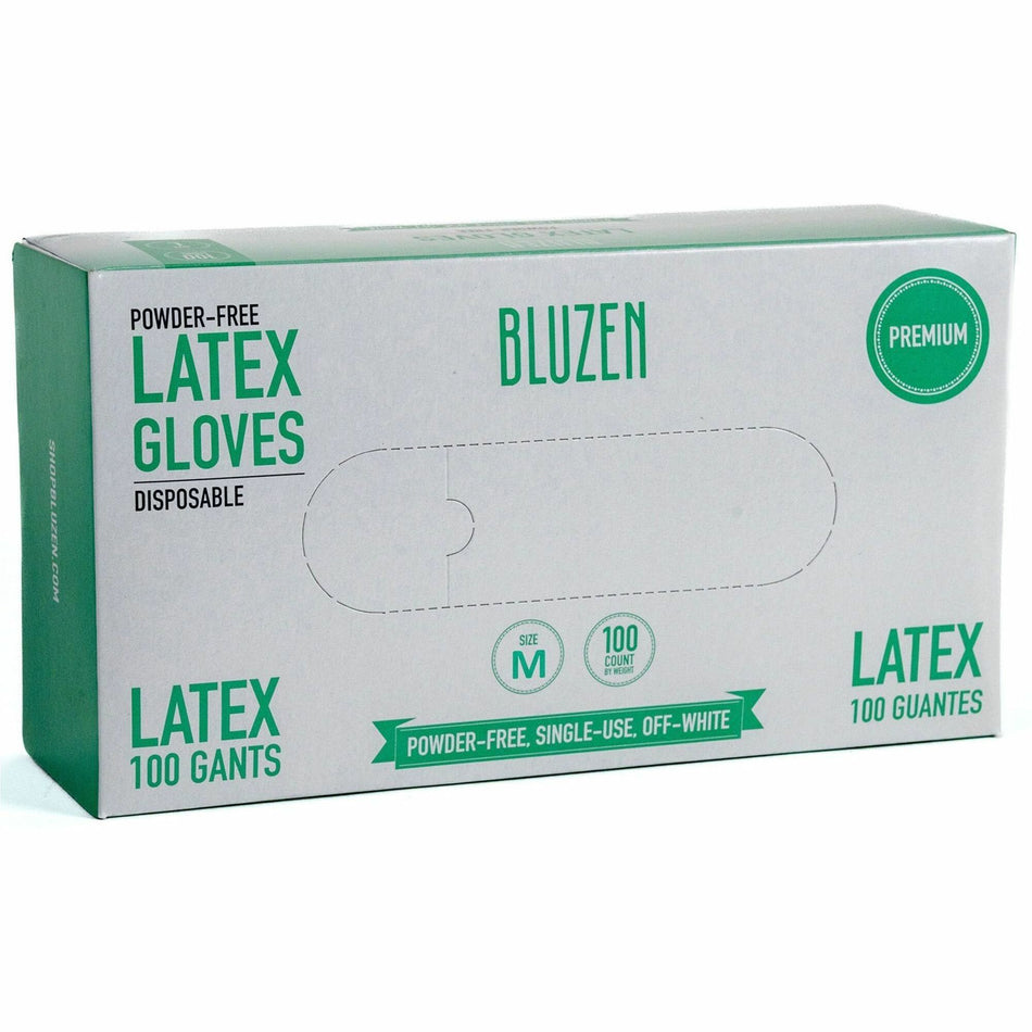 BLUZEN Powder-Free Latex Gloves - 4 mil Thickness - Medium Size - Latex - Off White - Comfortable - For Healthcare, General Purpose - 100/Box - 10 / Carton