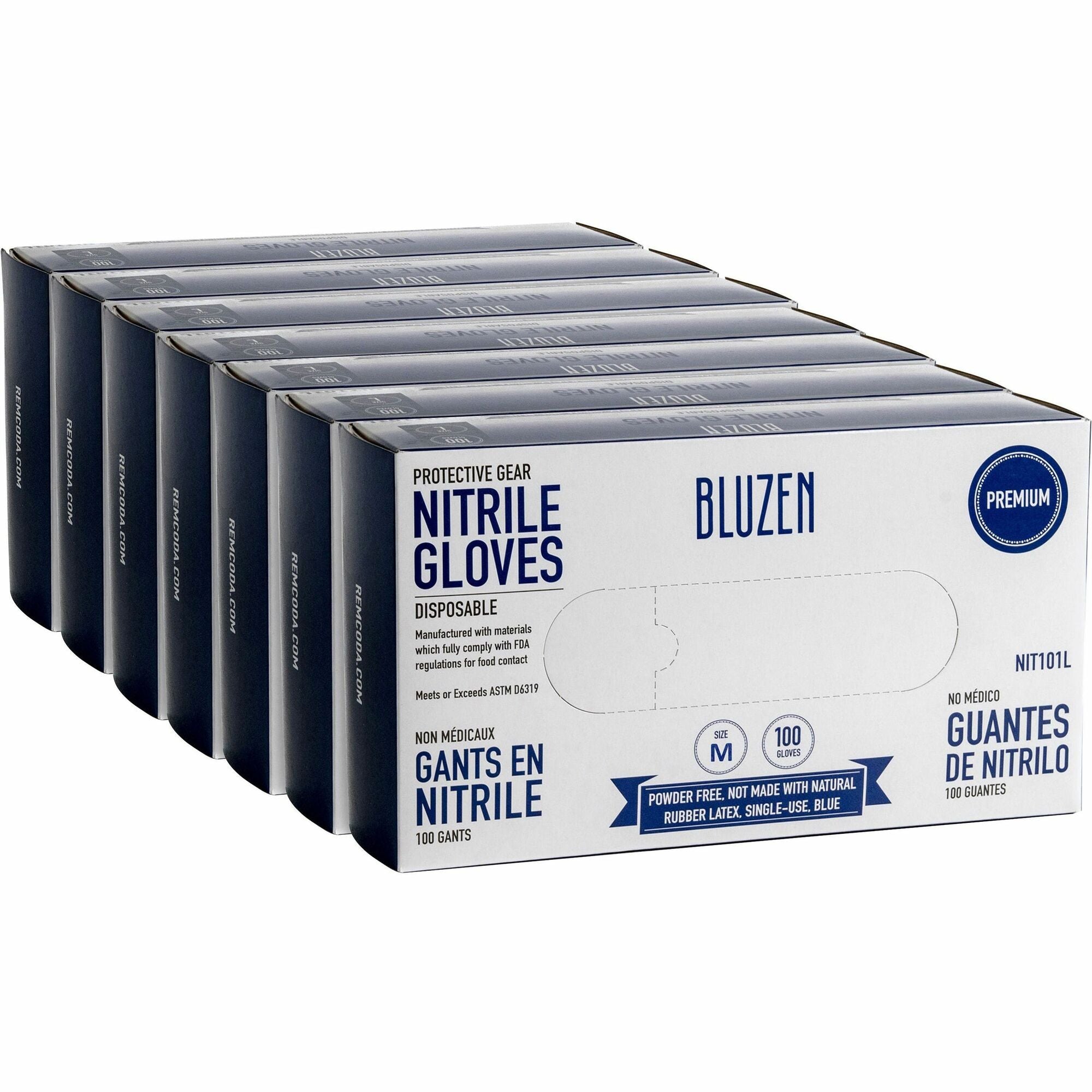 BLUZEN Disposable Nitrile Gloves - 3 mil Thickness - Medium Size - Nitrile - Blue - Durable, Comfortable - 100/Box - 10 / Carton