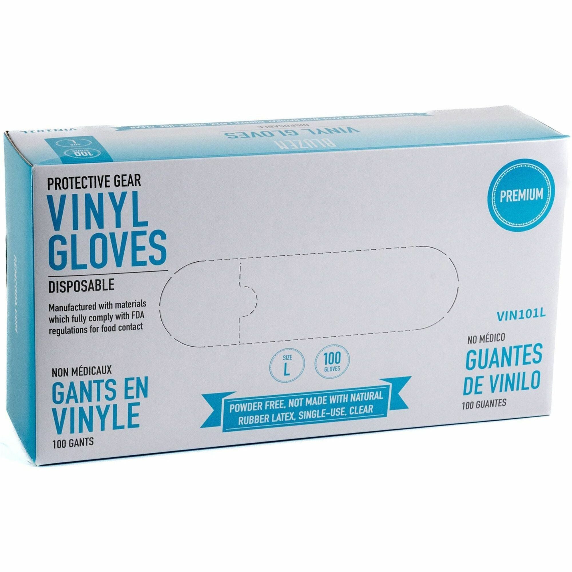 BLUZEN Powder-Free Vinyl Gloves - 4 mil Thickness - Large Size - Vinyl - Clear - Comfortable - 100/Box - 10 / Carton