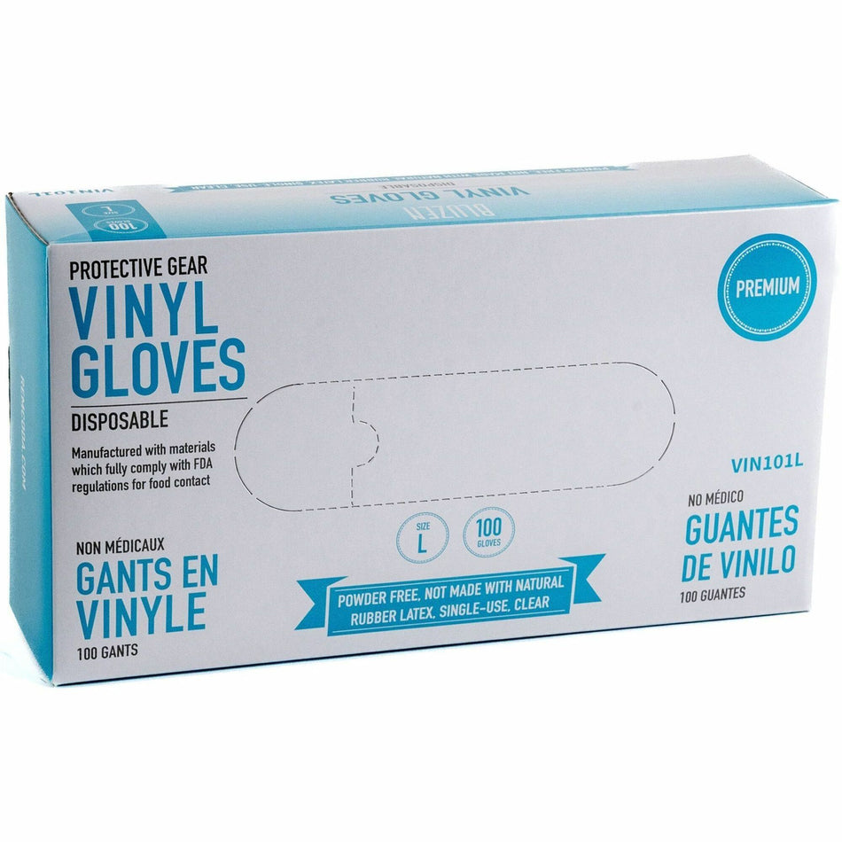 BLUZEN Powder-Free Vinyl Gloves - 4 mil Thickness - Large Size - Vinyl - Clear - Comfortable - 100/Box - 10 / Carton