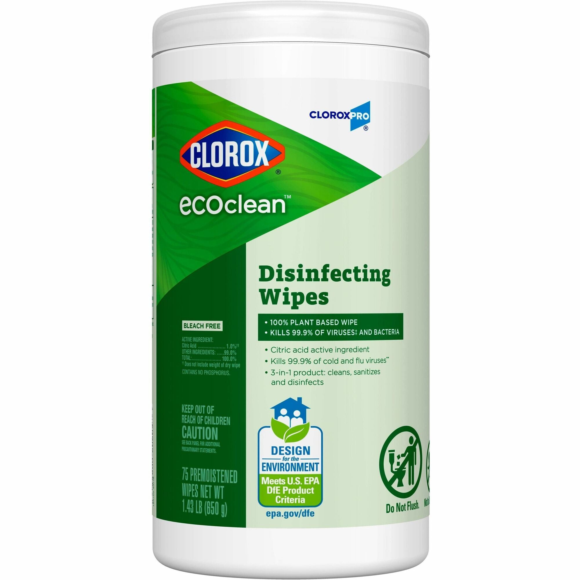 CloroxPro&trade; EcoClean Disinfecting Wipes - For Multi Surface, Multipurpose - Ready-To-Use - Wipe - Disinfectant, Dye-free, Bleach-free, Ammonia-free - Green - 75 Each
