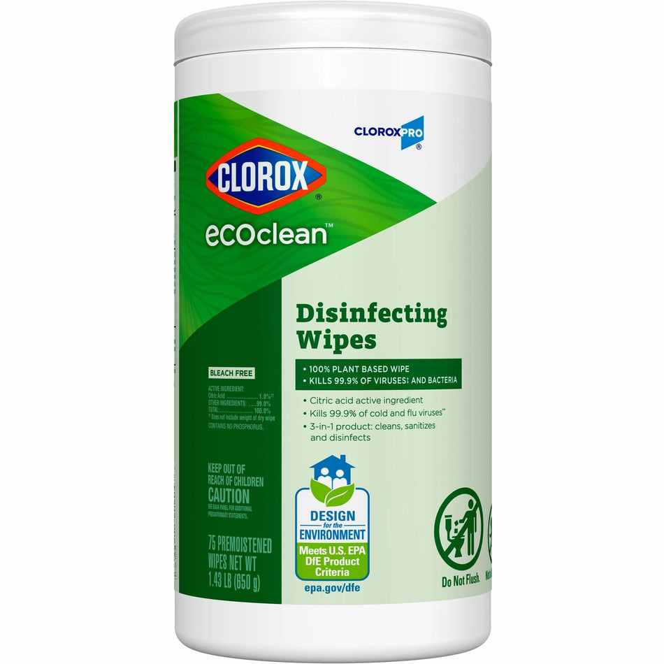 CloroxPro&trade; EcoClean Disinfecting Wipes - For Multi Surface, Multipurpose - Ready-To-Use - Wipe - Disinfectant, Dye-free, Bleach-free, Ammonia-free - Green - 75 Each