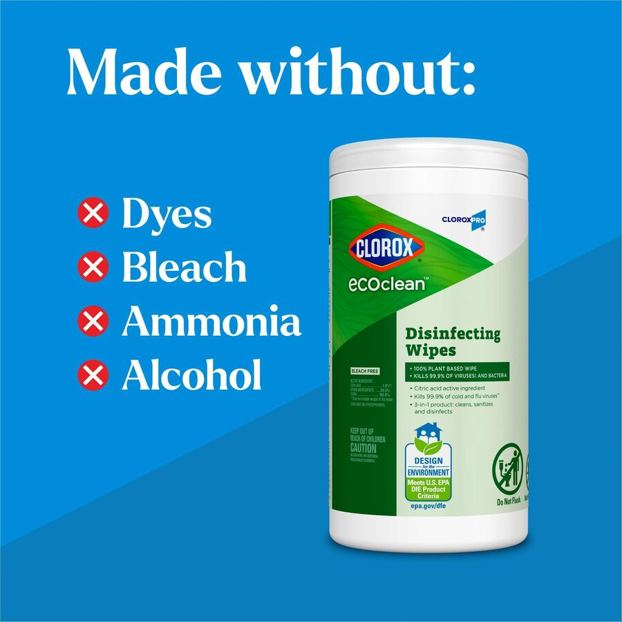 CloroxPro™ EcoClean Disinfecting Wipes - For Multi Surface, Multipurpose - Ready-To-Use - Wipe - Disinfectant, Dye-free, Bleach-free, Ammonia-free - Green - 75 Each
