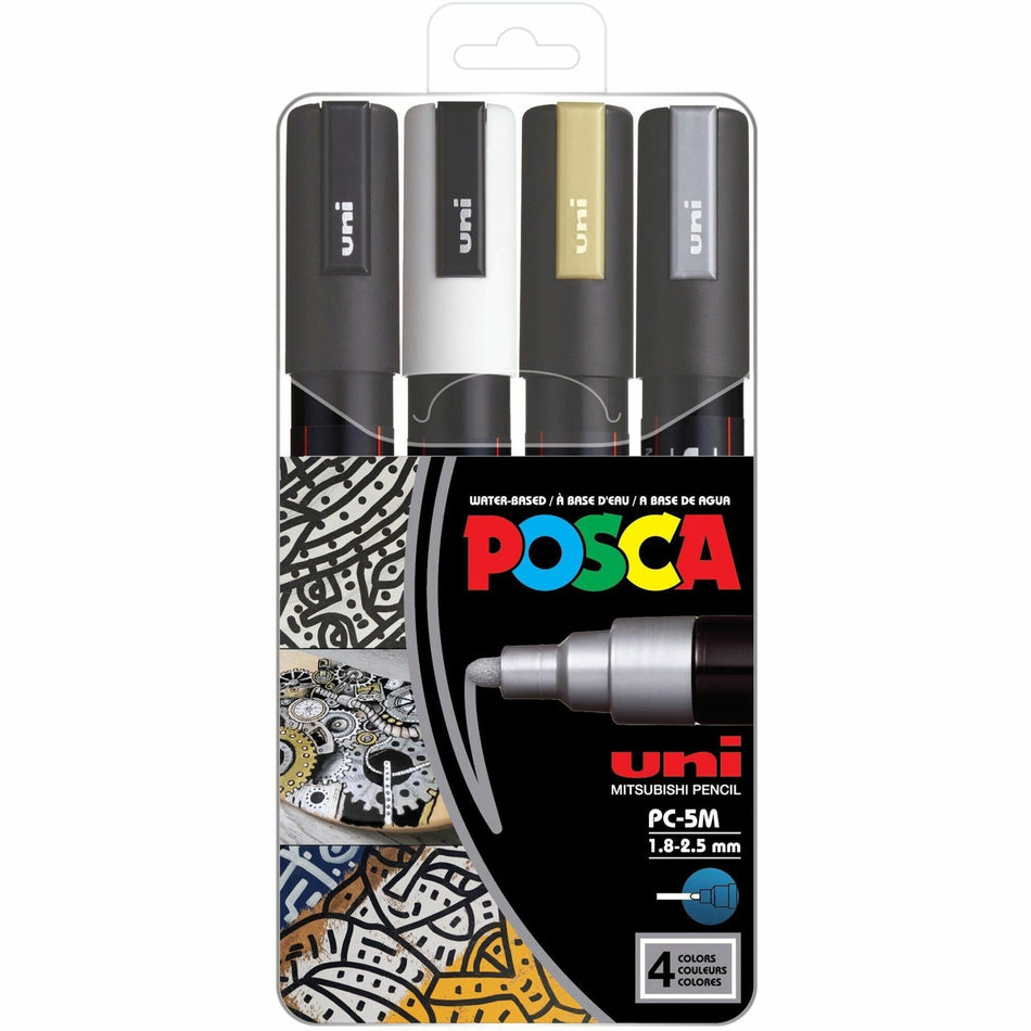 uniball&#8482; POSCA Paint Marker - 1.8 mm Medium Bullet, 2.5 mm Marker Point - Erasable - Washable - Black, White, Gold, Silver Ink - Water Based - 4 / Pack