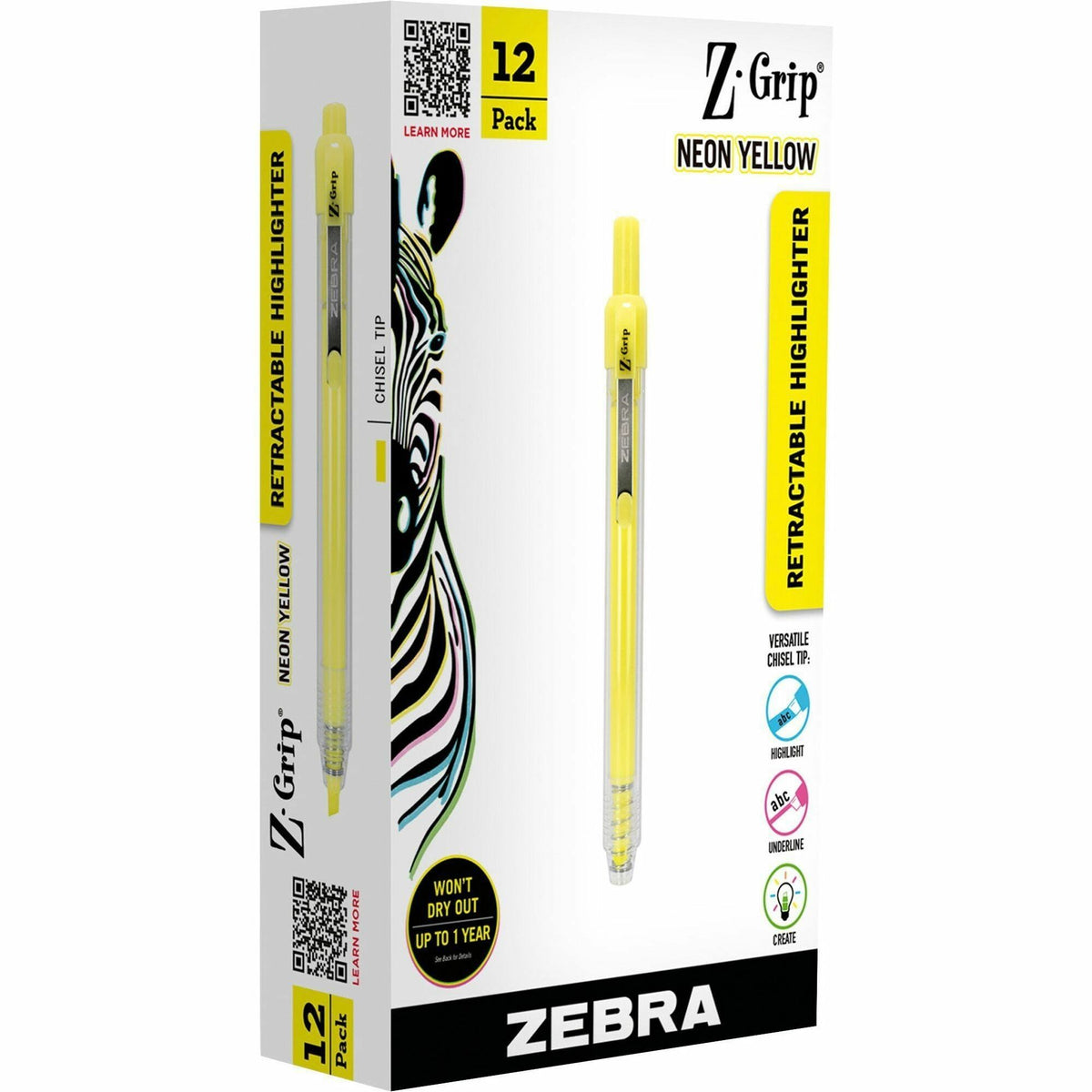 Zebra Pen Z-Grip Retractable Highlighter - Chisel Marker Point - Retractable - Neon Yellow Ink - 1 Dozen