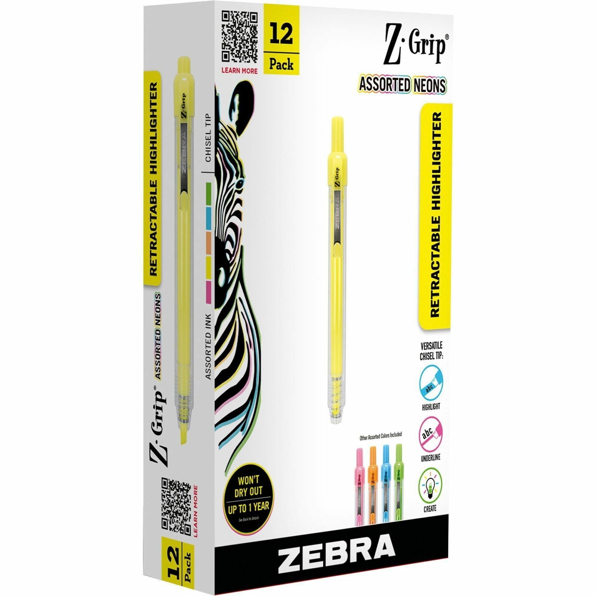 Zebra Pen Z-Grip Retractable Highlighter - Chisel Marker Point - Retractable - Assorted Neon Ink - 1 Dozen