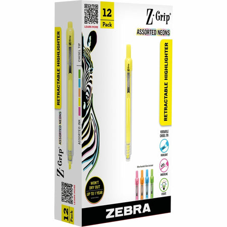 Zebra Pen Z-Grip Retractable Highlighter - Chisel Marker Point - Retractable - Assorted Neon Ink - 1 Dozen