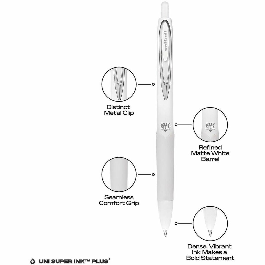uniball&#8482; 207 Plus Retractable Gel Pens - 0.7 mm Medium Pen Point - Retractable - Black Ink - Gel-based, Nanofiber Ink - White Barrel - Stainless Steel Tip - 4 / Pack
