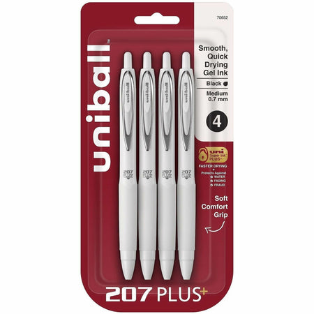 uniball&#8482; 207 Plus Retractable Gel Pens - 0.7 mm Medium Pen Point - Retractable - Black Ink - Gel-based, Nanofiber Ink - White Barrel - Stainless Steel Tip - 4 / Pack
